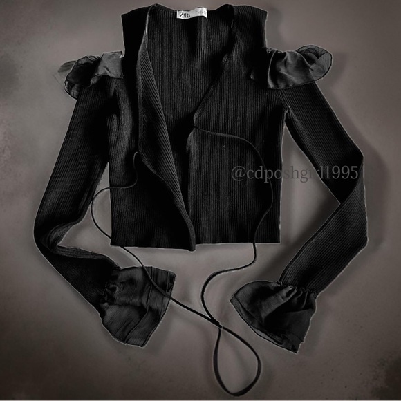 Zara cold shoulder ruffle ribbed knit black v-neck cardigan tie front size small - Picture 9 of 16